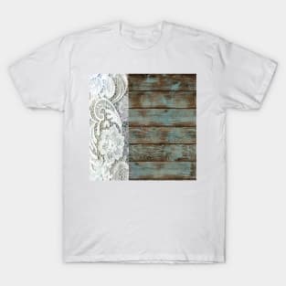Western Country distressed blue Barn Wood white Lace T-Shirt